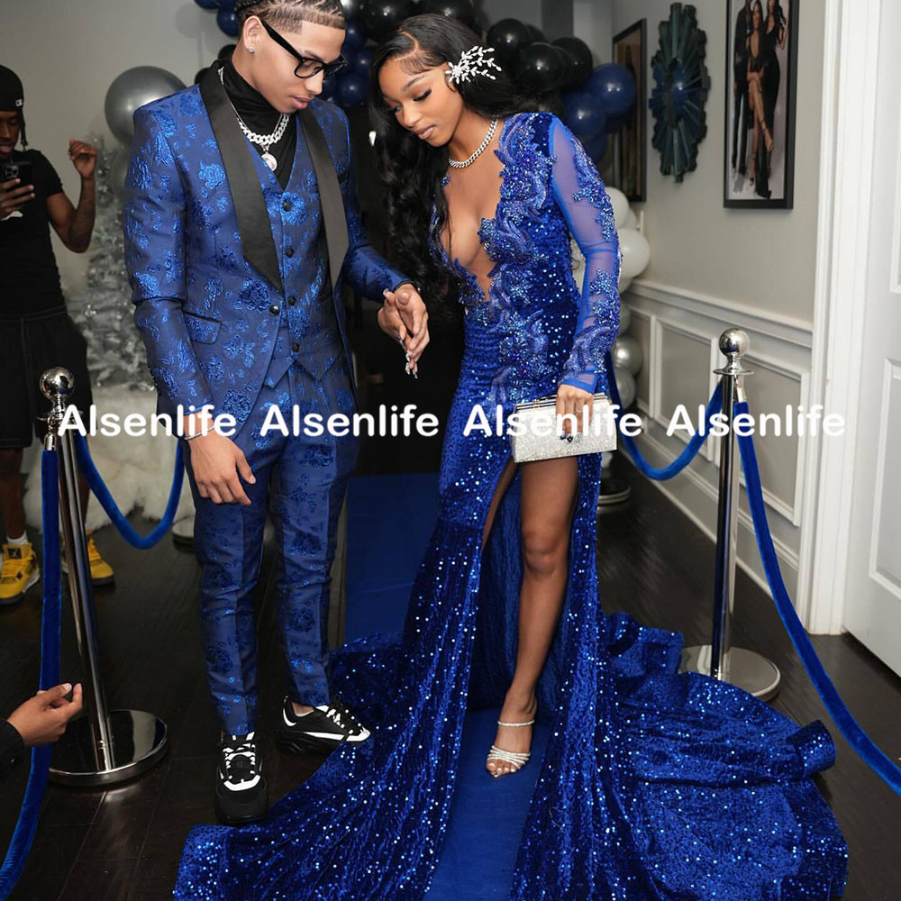 Shinny Royal Blue Prom Dresses Mermaid 2025 Sheer Long Sleeves Slit Evening Dress Crystal Red Carpet Runway Party Dress Customized