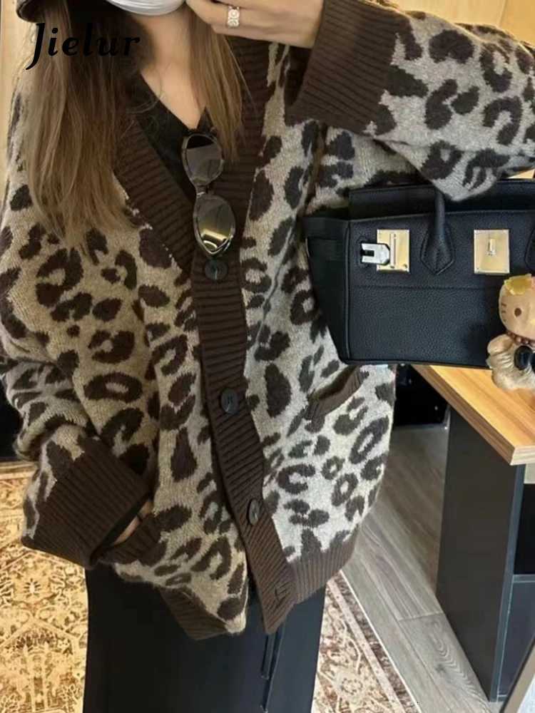 New Chic Leopard Print Contrast Color Loose Simple Women Cardigans Autumn Fashion Single Breasted Vintage Soft Female CardigansT251101