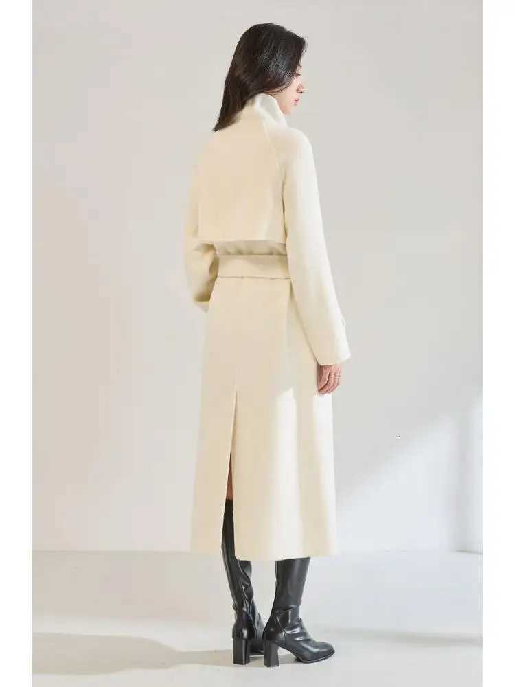 Office Lady Elegant Fashion Woolen Jackets 2025 Autumn And Winter Stand Collar LaceUp Loose Womens 100 Wool Long CoatsT251101