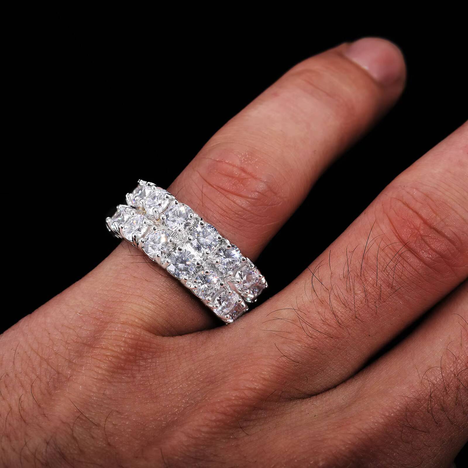 Fashion Hip Hop Jewelry Custom White Gold Plated Brass Paved 2 Rows 5A Zircon Engagement Bands Rings for Men