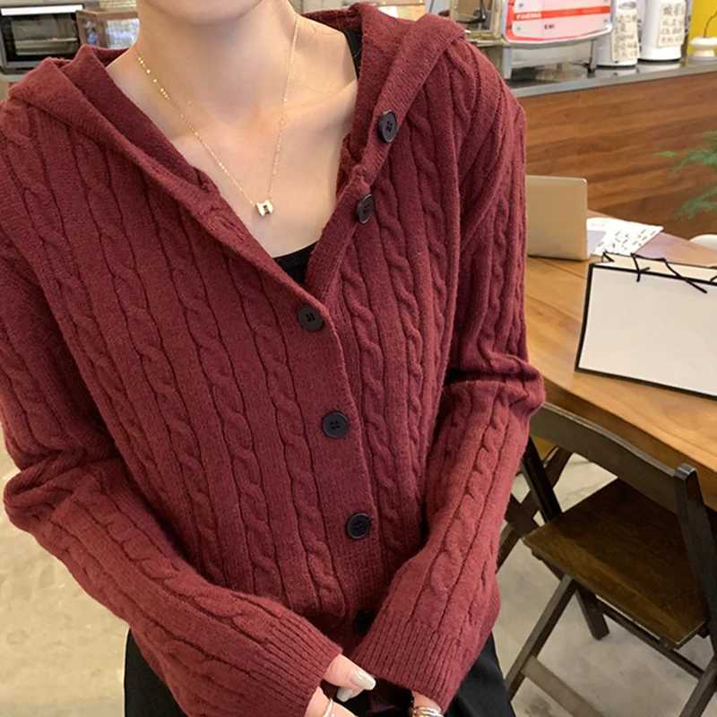 Gray Twist Knitted Cardigan Jacket Women Autumn New Vintage AllMatch Hooded Sweater Coat Fashion Single Breasted Hoodies WomanT251101