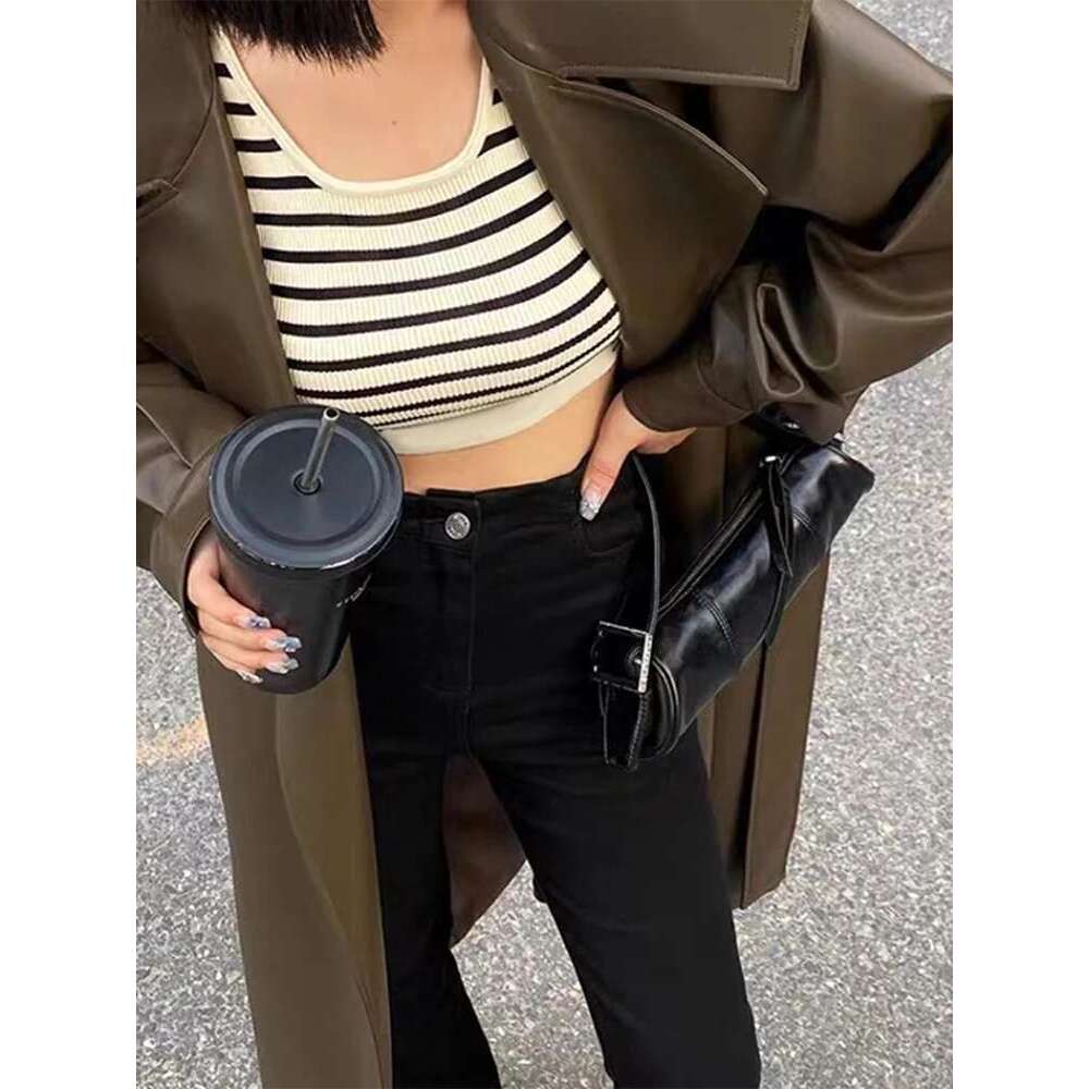 hoodie Women's Wear Oversized Leather Trench Coat For Women Long Sleeve Lapel Loose Lady Jacket With Belt 2024 Autumn New Vintage Streetwear jack