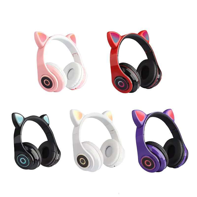 Cute Cat Ears Wireless Over-Ear Headphone Flash Light Stereo Music Phone Blue-tooth Headset Gift for Kids