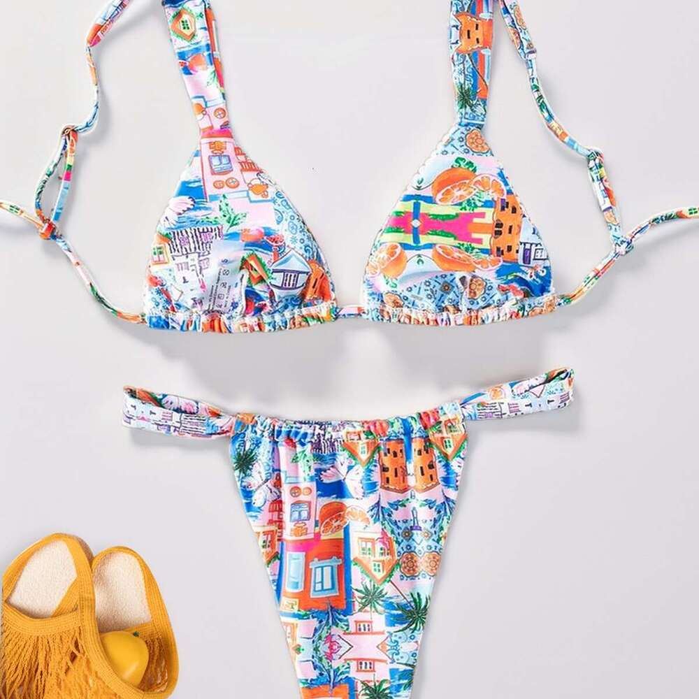 2025 New Fashionable Printed Seaside Sexy Split Swimsuit Bikini Female