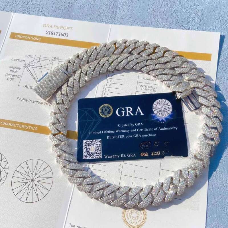 Necklace moissanite chain cuban k chainHand Setting 20mm Width Three Rows Vvs Moissanite Sier Womens Gold Plated Cuban