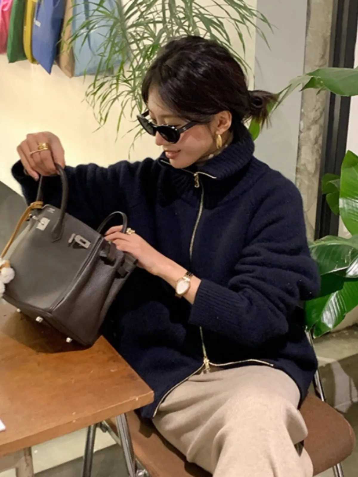 This years fashion turtleneck 100 cashmere zipper cardigan women autumn and winter lazy loose thick knit sweater coatT251101