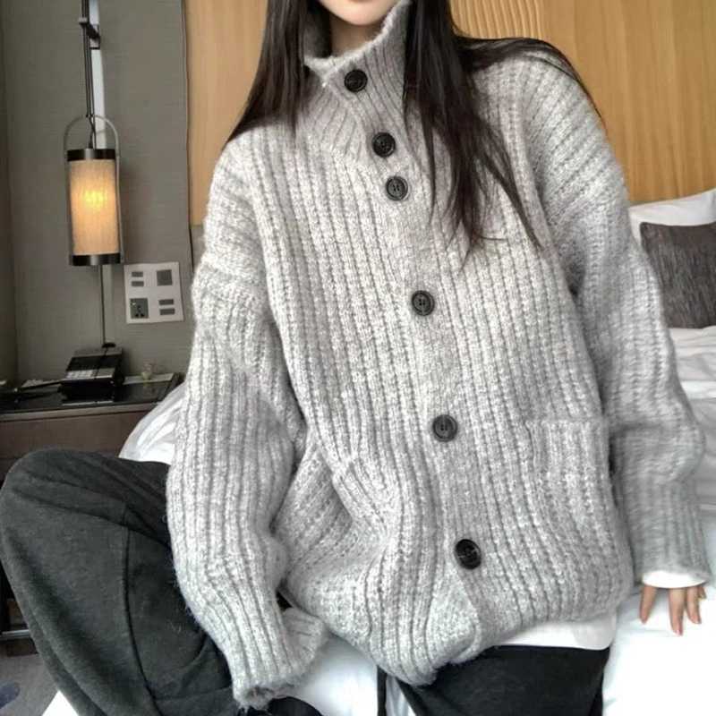 Loose Lazy Sweater Women Twist Fashion Knit Autumn Winter Warm Cardigan Harajuku Stand Collar Gray Vintage Female JumpersT251101