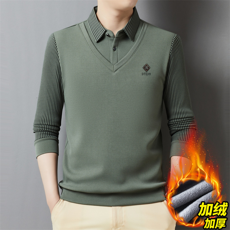 Men's Polo Designer Base Shirt Shirt Fleece Lined Thickened Winter New Fashion Warm Turn-down Collar Fake Two-piece Striped Long Sleeve Designer 