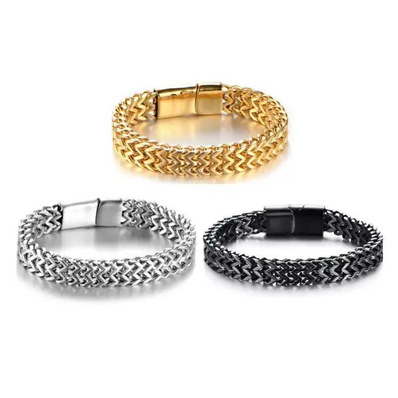 Stainless steel woven double row metal bracelet with magnetic buckle mens personalized hip-hop rock party punk jewelry Y250329