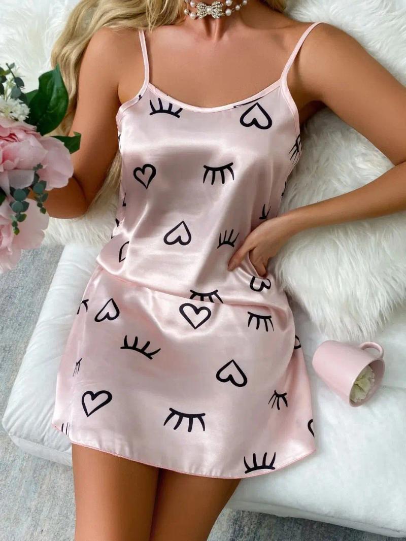 Women's Sleepwear S Women Sexy Sling Nightgown Lingerie Silk Satin Floral Pinting Nightdress Homewear Mini Dress