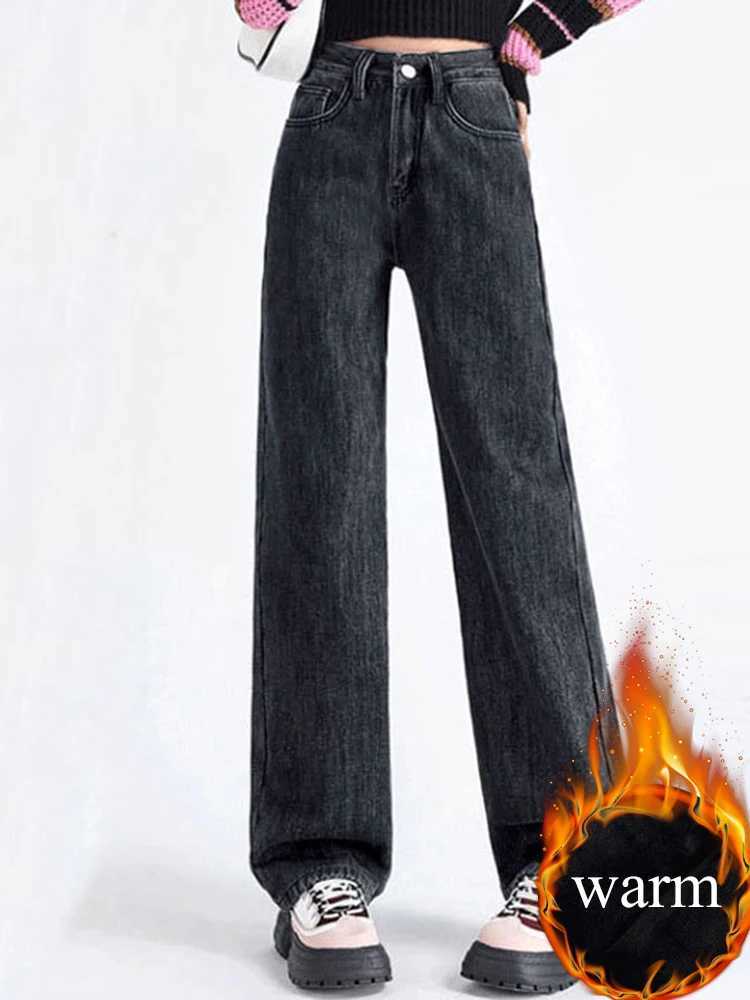 Women Thicken Baggy Straight Jeans Winter Warm High Waist Velvet Lined Wide Leg Denim Pants Korean Fashion Solid Casual Vaqueros J251031