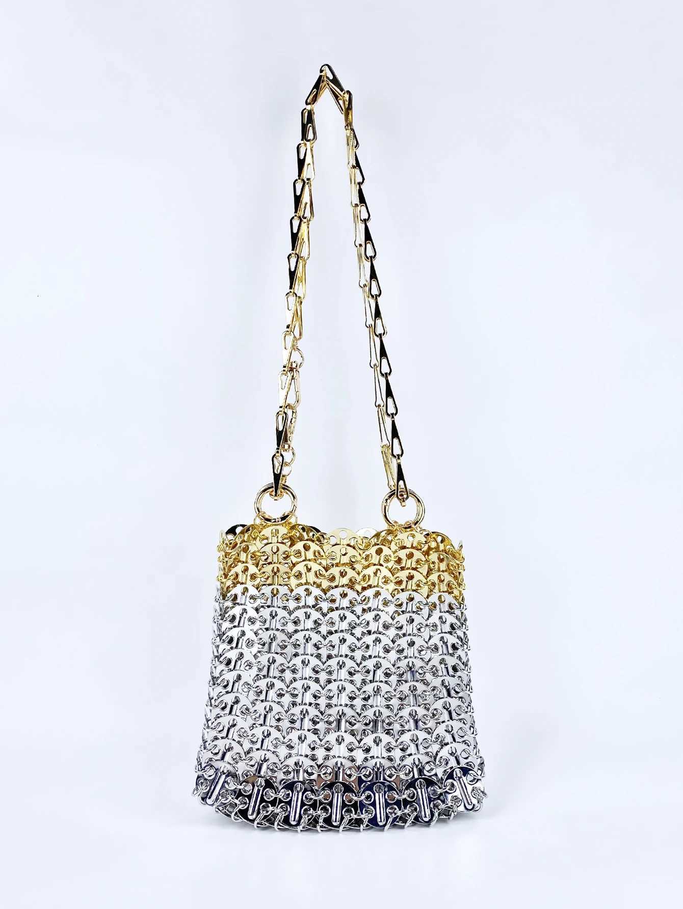 Niche design aluminum handmade bag with gold and silver color matching metal chain sequin bag trendy underarm bagW251101