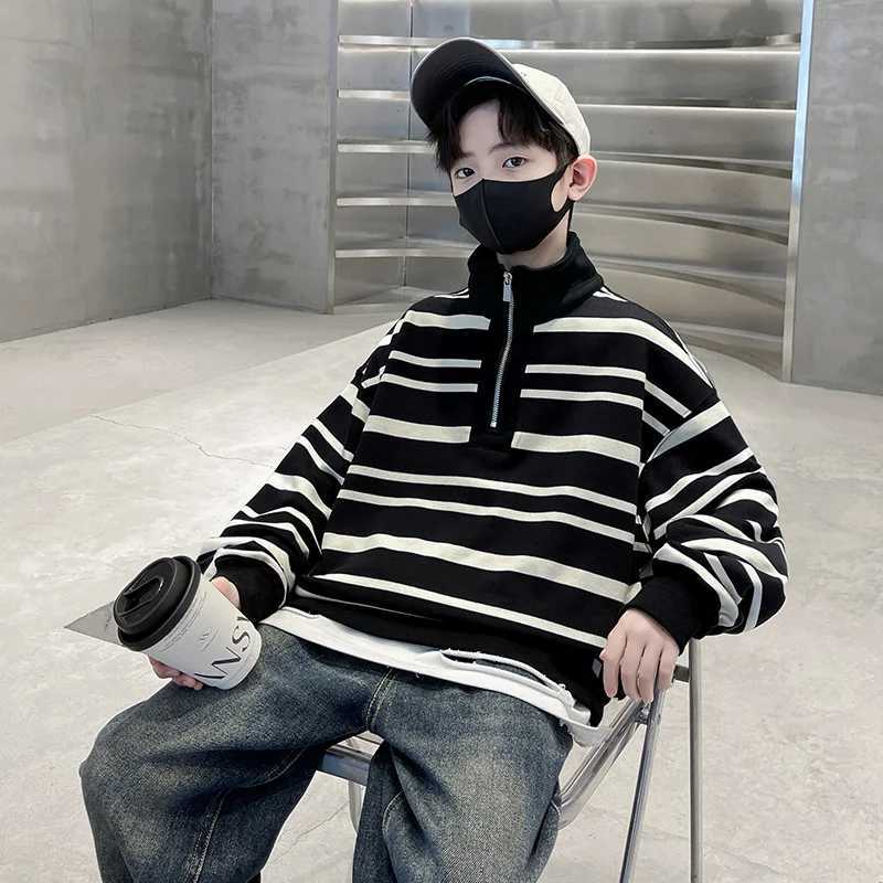 Fashion Casual Childrens Sweatshirt with Half Zipper for Big Boys Black White Striped Turtleneck Hoodie Kids Spring Autumn WearT251101