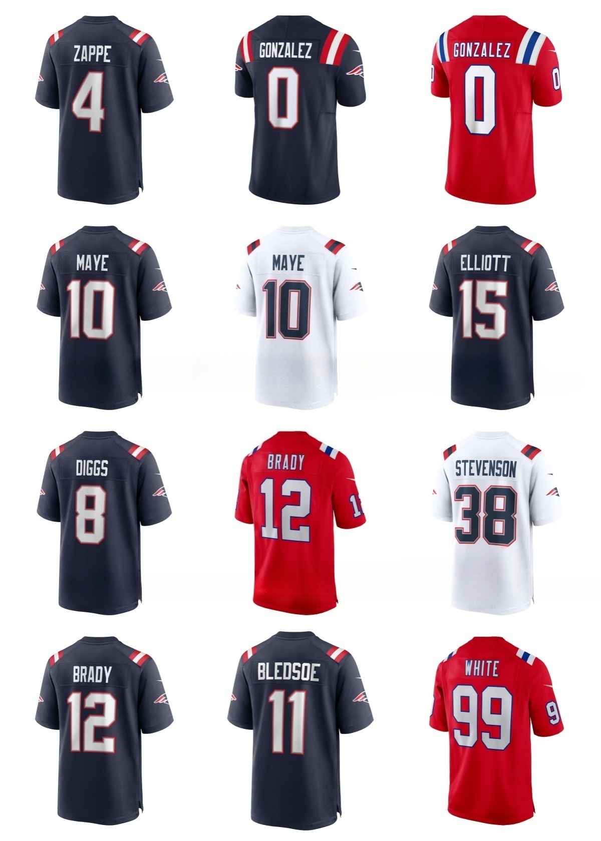 NFL Patriots Drake Maye Christian Gonzalez Stefon Diggs Tom Brady Mike Vrabel Keion White Drew Bledsoe Ezekiel Elliott Rhamondre Stevenson Custom Football Jersey