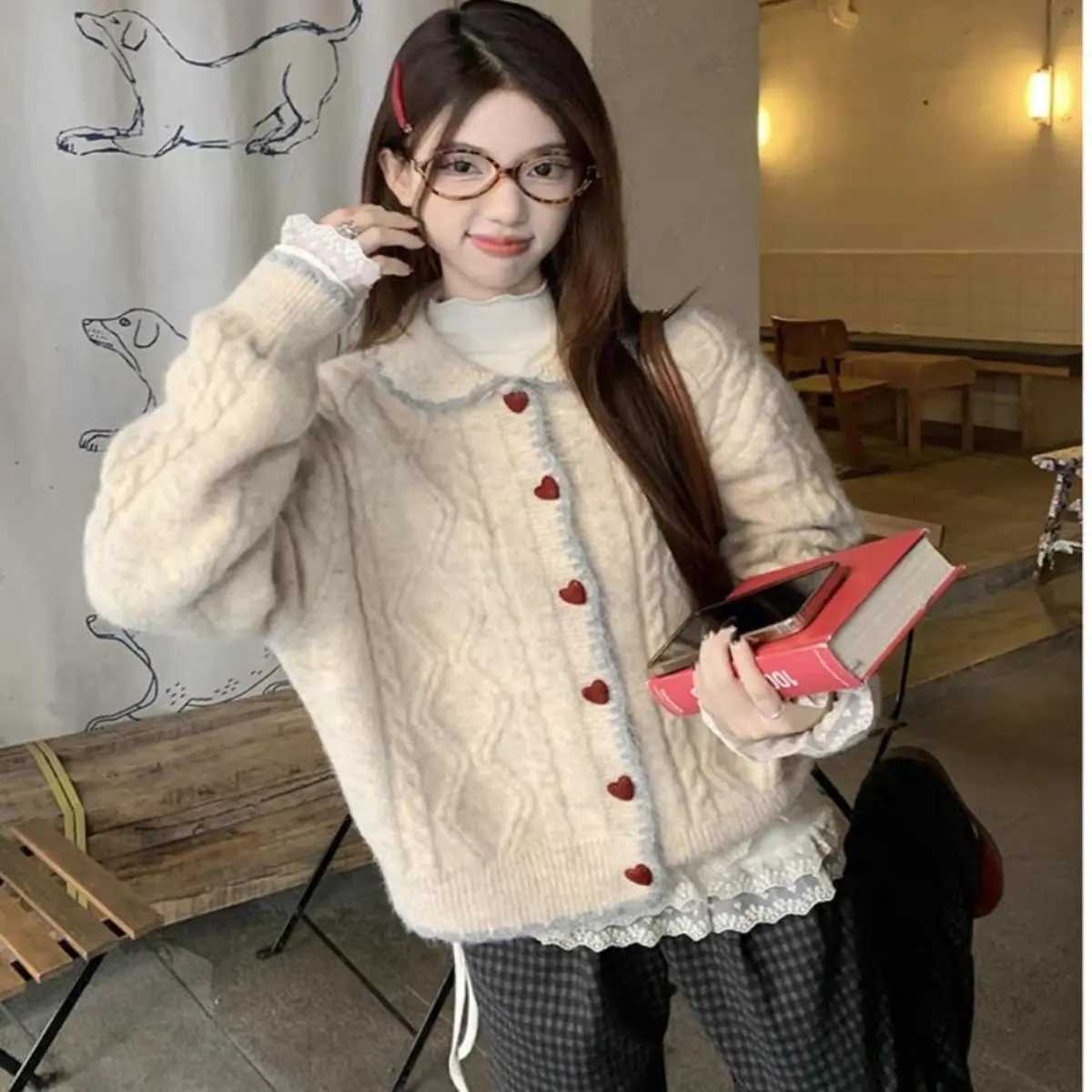 Autumn Winter Preppy Peter Pan Collar Knitted Cardigan Women Loose Soft Long Sleeve Sweater Coat Casual OutfitT251101