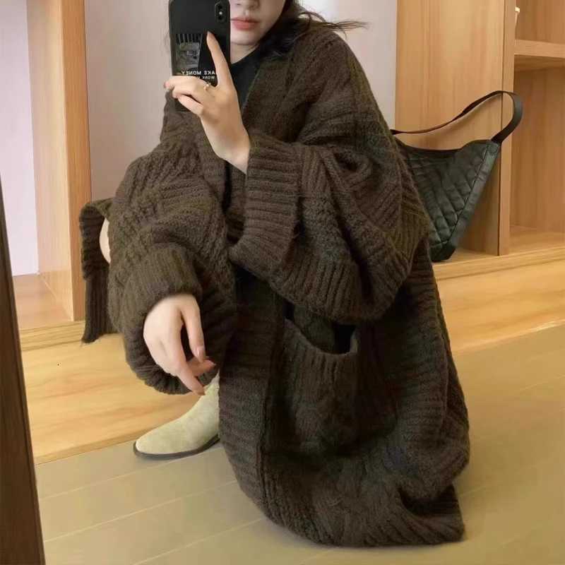 New Loose Womens Knitted Cardigan Casual Solid Color Sweater Medium Length Thick Elegant Loose Coat with PocketsT251101