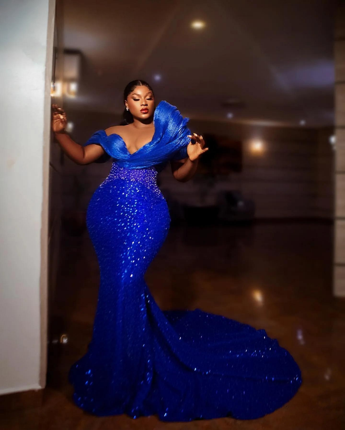 Royal Blue Mermaid Prom Dress Sheer Neck Beaded Evening Formal Party Second Reception 50th Birthday Engagement Gowns Dresses Robe De Soiree