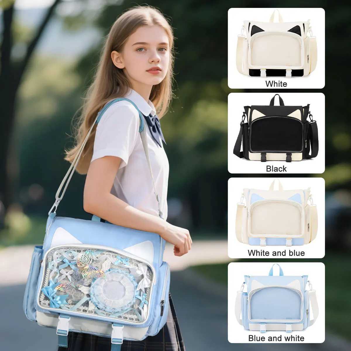 TINYAT Y2K Ita Bag Girl School Backpack Waterproof Transparent Shoulder Bag Womens Crossbody Bag DlY Display Cute Cat EarW251101