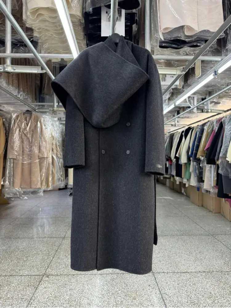 Large Scarf Collar DoubleBreasted Office Lady Woolen Jackets 2024 Autumn And Winter Rabbit Hair Alpaca Women Long Wool CoatsT251101