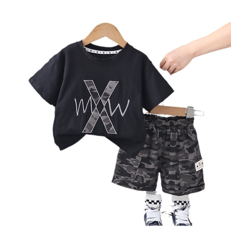 Boys Summer 2-Piece Set Embroidered Letter Print Short Sleeve Outfit Casual Toddler Clothes for 1-5T
