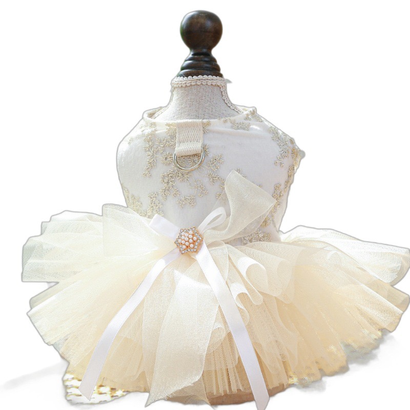 Fancy Dog Dresses with Leash Ring, Embroidered Dog Wedding Dress, Bow Puppy Clothes for Small pet Girl Multi-Layer Lace Tutu Cat Outfit for Kitten Chi