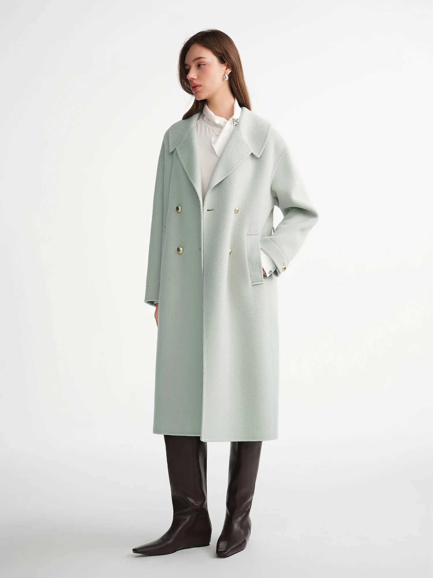 DUSHU 2025 Winter Womens Notch Lapel Double Breasted Wool Blend Coat New Arrival Casual Elegant Outerwear with Comfort FitT251101