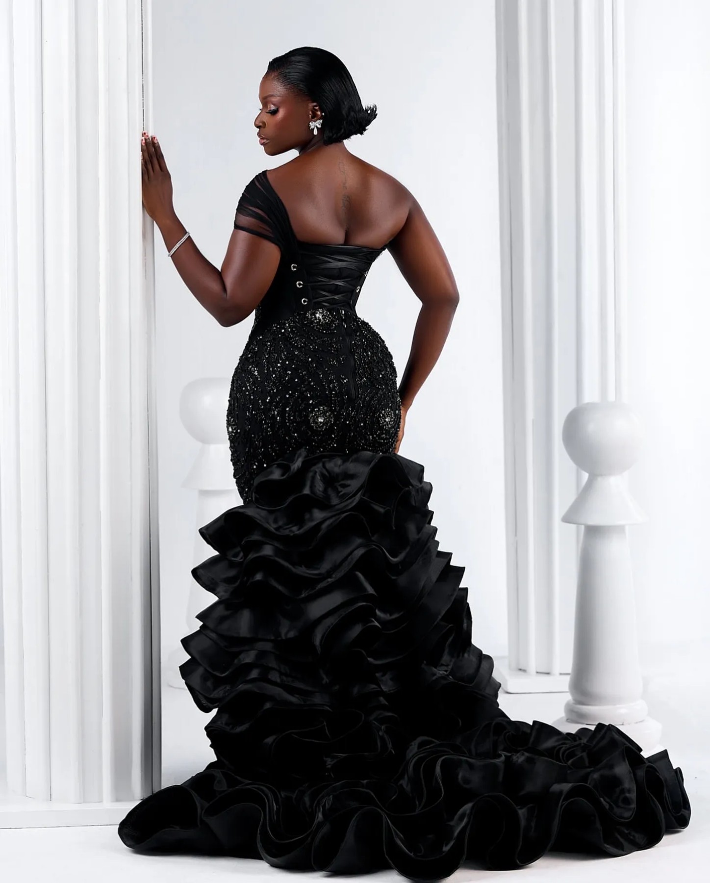 Black Mermaid Prom Dress Plus Size Lacefull Promdress Beaded One Shoulder Evening Formal Party Second Reception Birthday Engagement Gowns Dresses