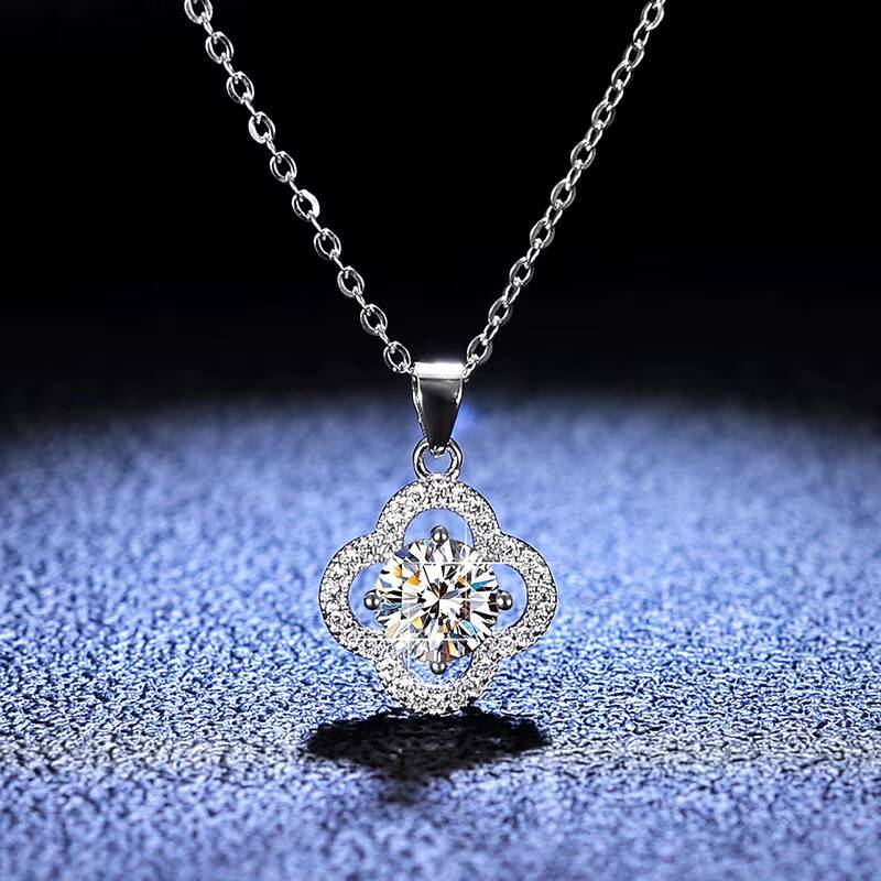 1 Ct Moissanite Stone Pendant Necklace on 925 Sterling Silver Choker Yellow Gold Finish Wedding Four Leaf Clover Necklace