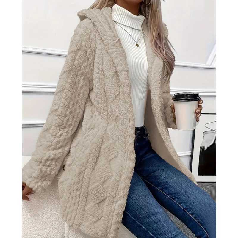 Autumnwinter Cardigan Plush Jacket Single Breasted Hooded Sweater Jacket Elegant Solid Medium Long Sweater Jacket for WomenT251101