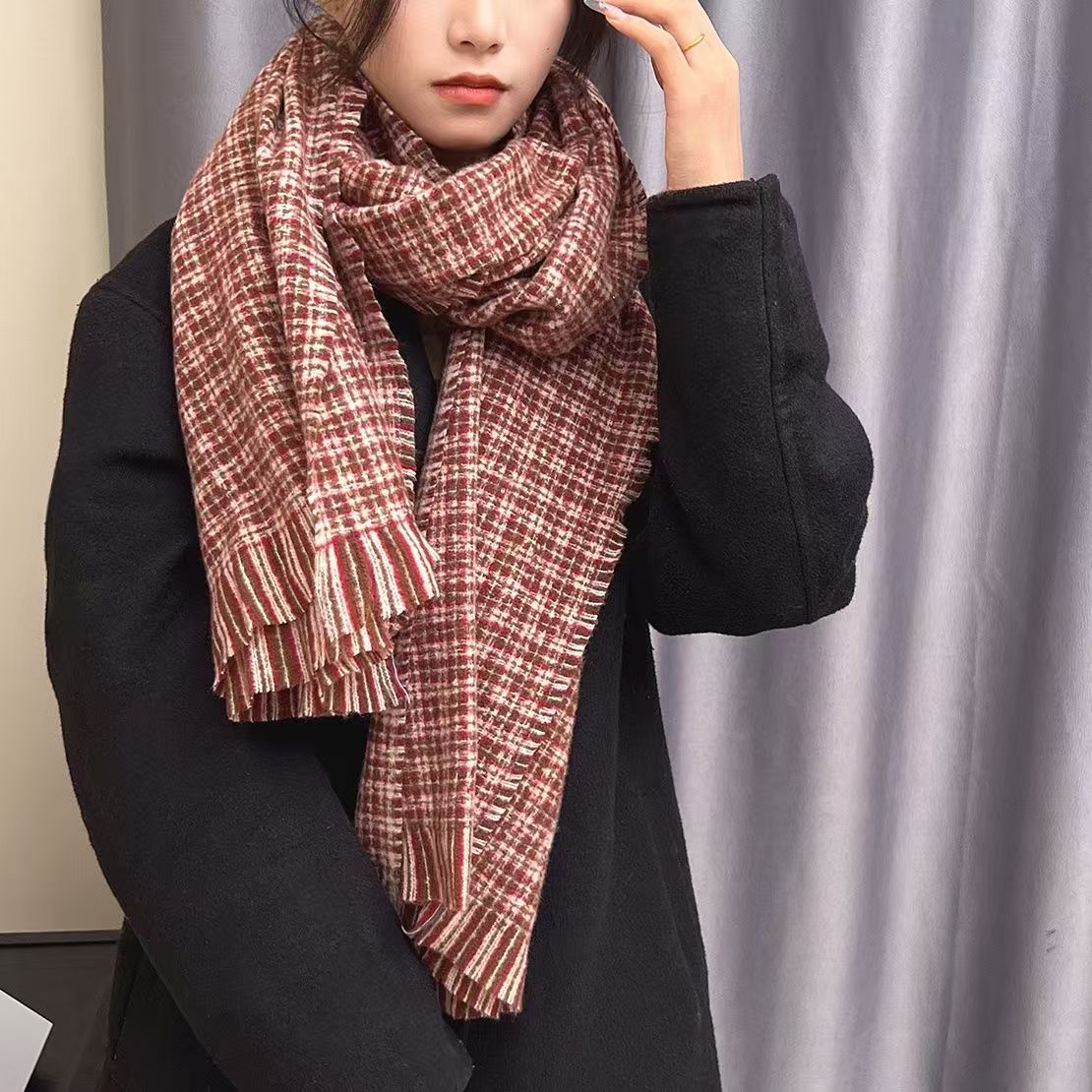 T396 new plaid long scarf female winter soft Korean style small fragrance retro simple warm college shawl