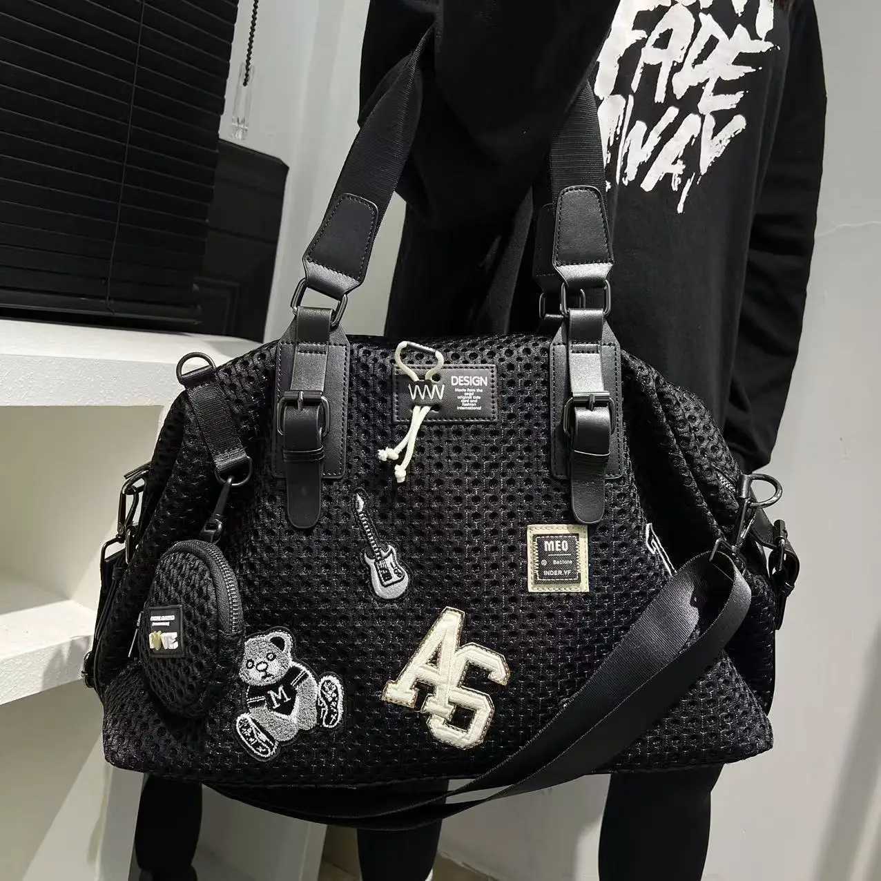 Fashionable womens mesh nylon adhesive tote bag large capacity splicing shoulder bag short distance travel casual handbagW251101