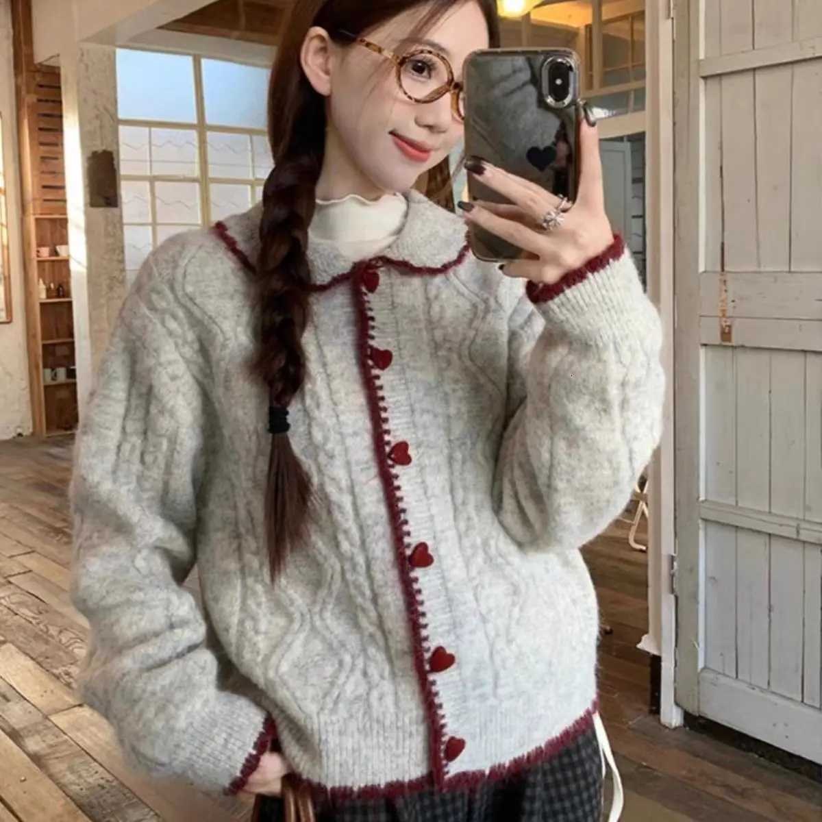 Autumn Winter Preppy Peter Pan Collar Knitted Cardigan Women Loose Soft Long Sleeve Sweater Coat Casual OutfitT251101