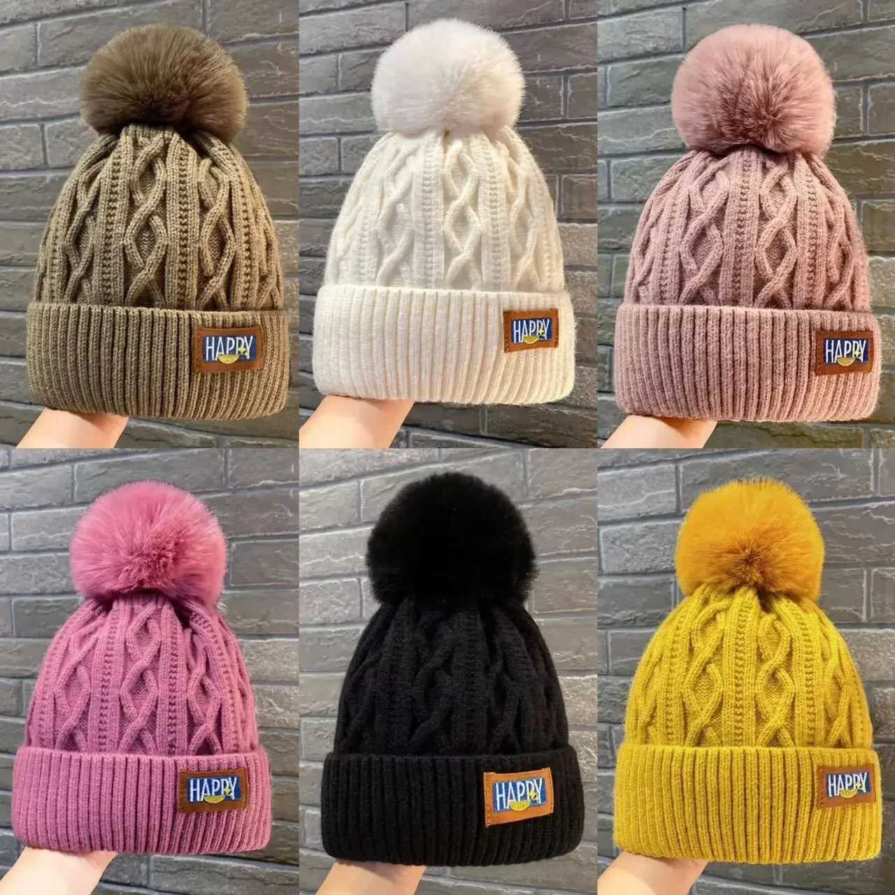 Autumn and Winter Womens Pompom Knitted Hat Women Solid Color Thicken Plush Beanie Cap Female Autumn Warm Crochet HatsXJ251101