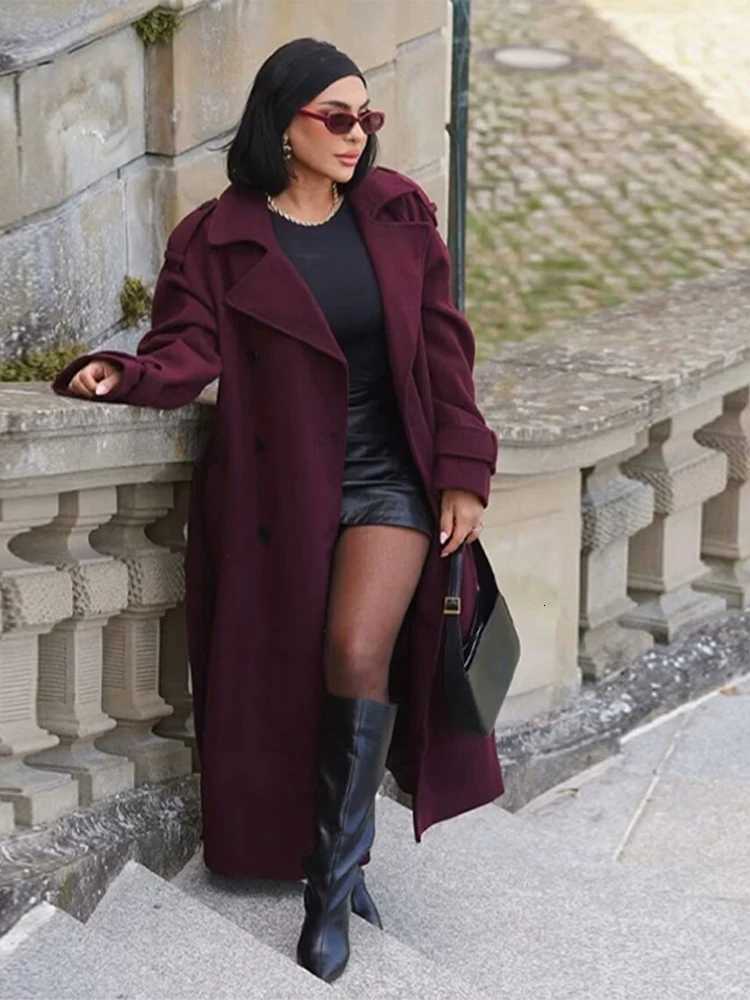 Elegant Womens Burgundy Woolen Overcoat With Belt Lapel Double Breasted Full Sleeve Long Coat 2025 Autumn Winter Lady OutwearT251101