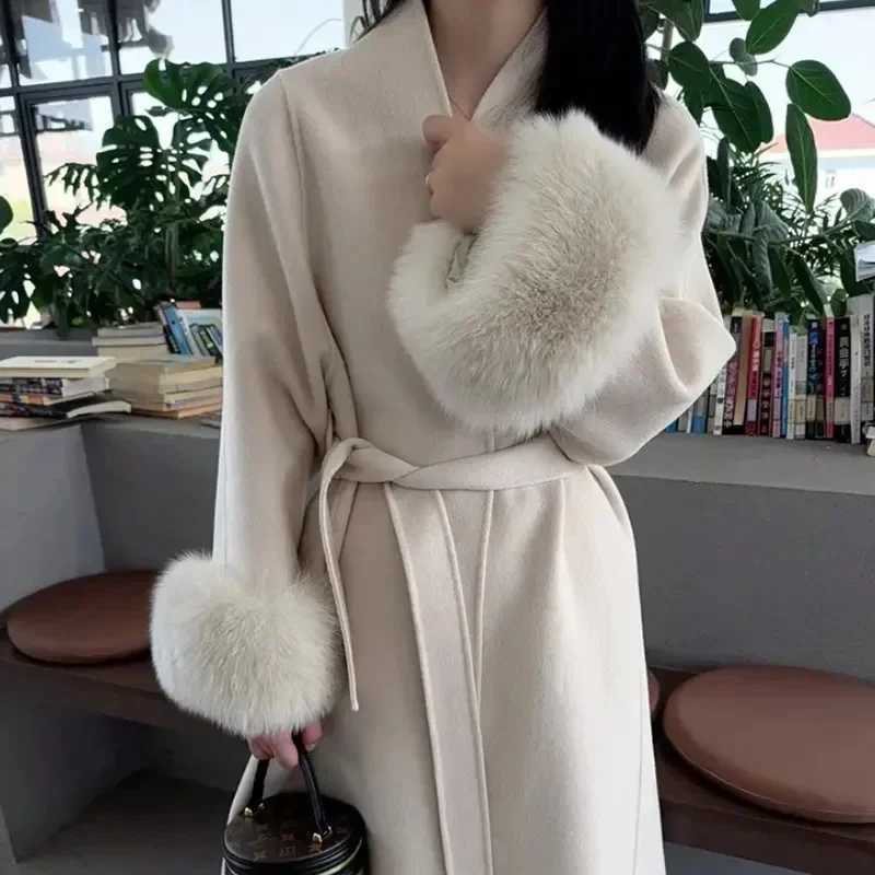 2025 New Winter Warm Long Woolen Coat Women Elegant Warm Wool Blend Leisure Solid With Belt Fashion Women OuterwearT251101