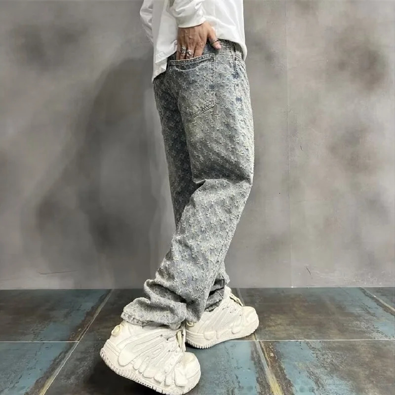 Jacquard All Over High Street Jeans straight up pattern loose wide leg jeans casual boyfriend jeans pants trend 250328