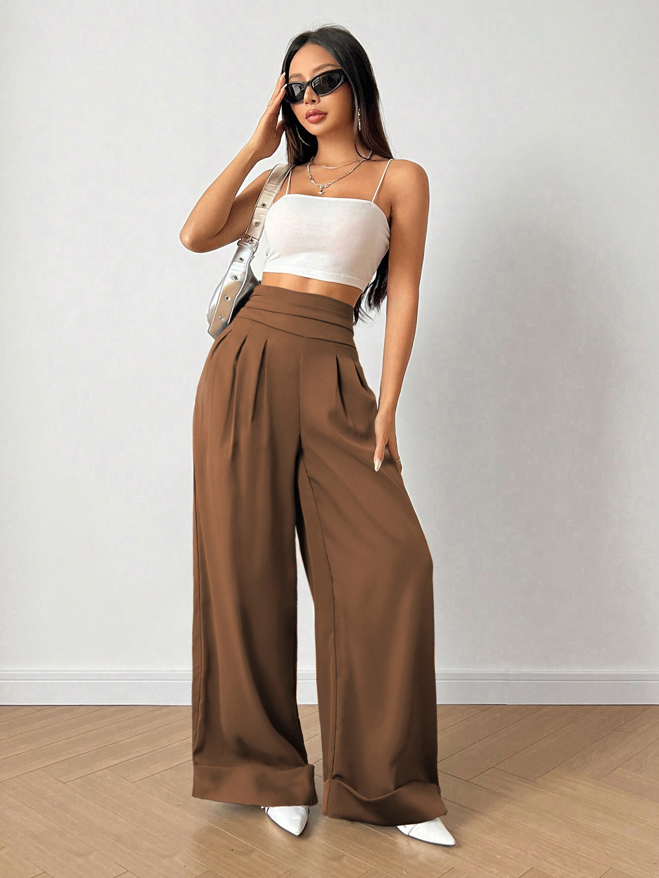 Elegant Casual-Friendly Trouser Design by Ladies' Comfortable Material: Solid Color Broad Silhouette from Petite up---103