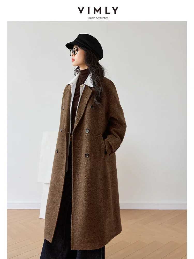 VIMLY Womens Casual Knit Woolen Coats Autumn 2025 Loose Double Breasted Long Sleeve Jacket Office Wear Ladies Outerwear M9832T251101