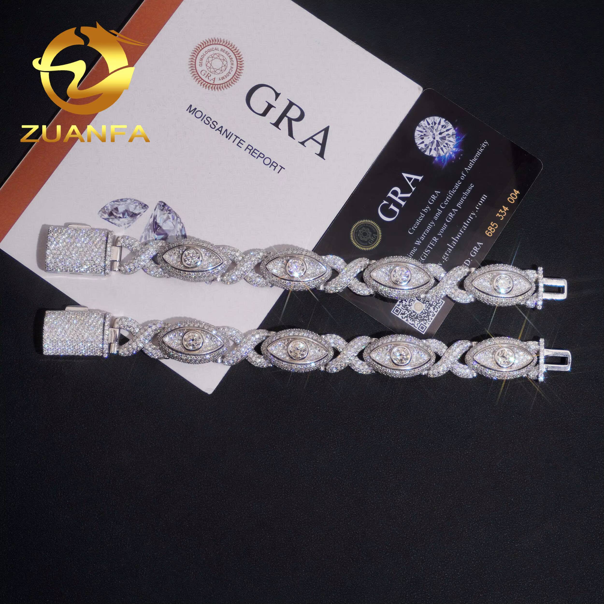 15mm Iced Out Moissanite Diamond Bracelet Eyes Design 925 Silver Hip Hop Jewelry Unisex Moissanite Cuban Link Bracelet