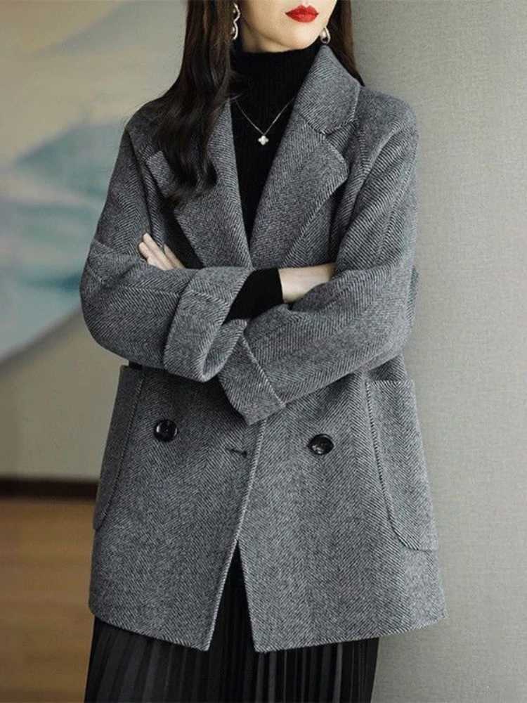 Autumn and Winter New Korean Style Women Loose Plus Size Western Style Midlength Casual Coat Solid Color Woolen Suit JacketT251101