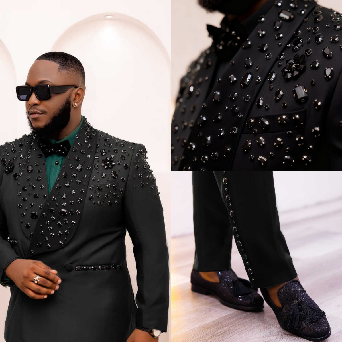 Handsome Man Tuxedos Rhinestone 2 Piece Set Jacket Pants Men Suit Exquisite Shawl Lapel Evening Wedding Groom Coat Customized