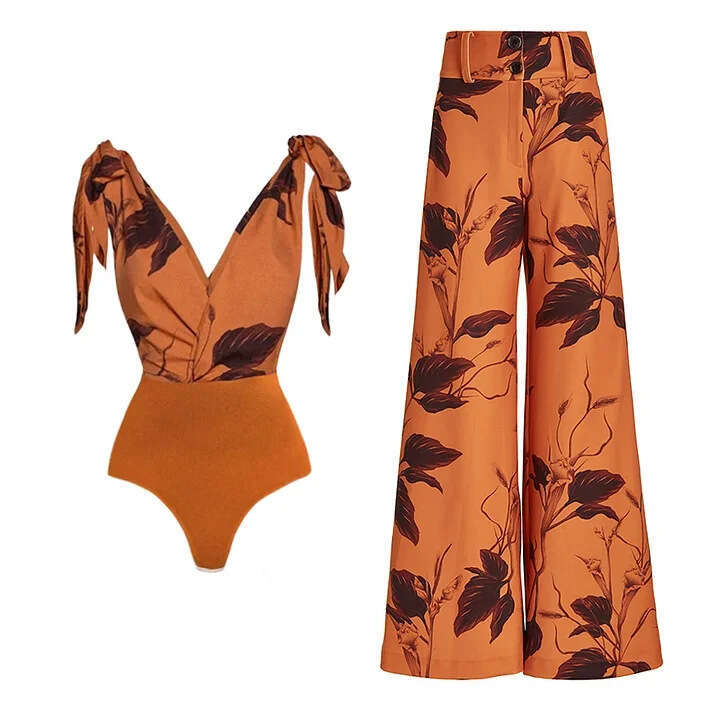 2025-- new one-piece with deep V-strap printed swimsuit set for women