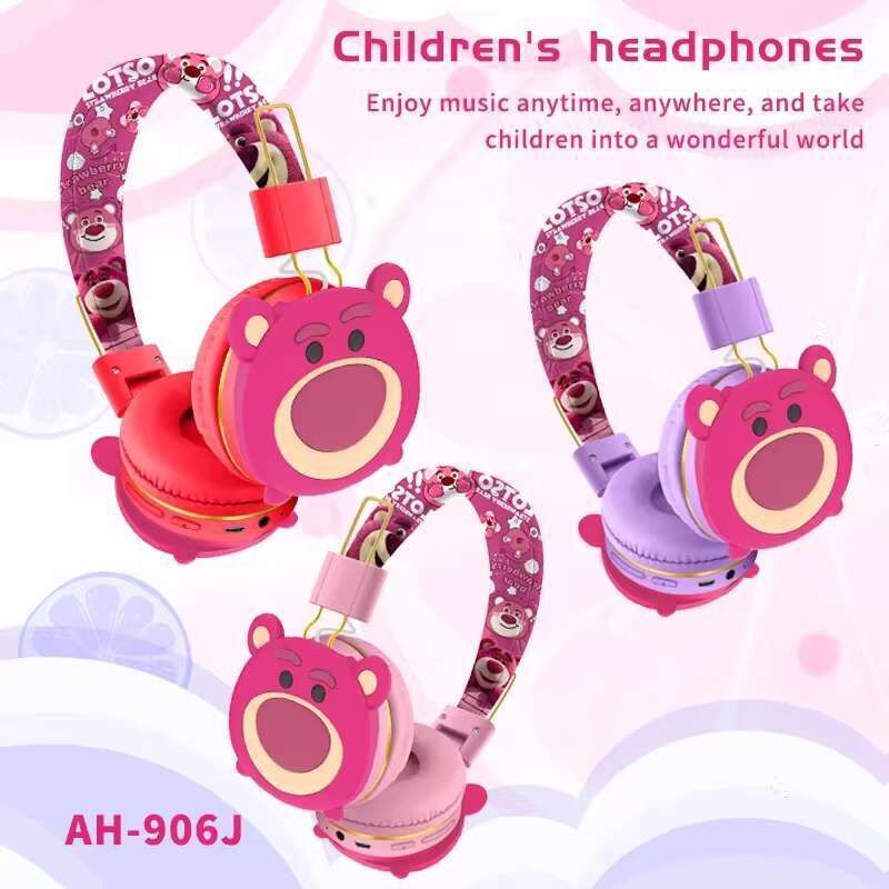 AH-906J Strawberry Bear Children Gifts Cute Headsets with Mic 40MM Drivers Cartoon Wireless Headphone for Kids Girls