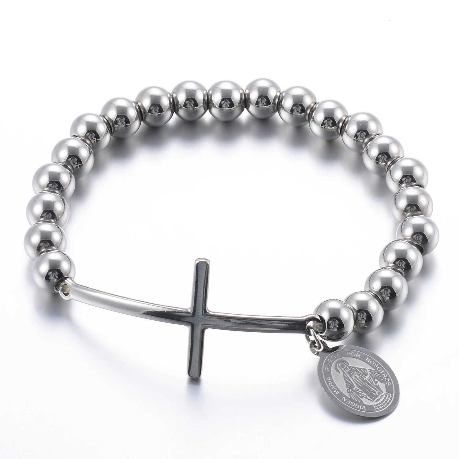 Stainless steel Jesus religious cross pendant bead chain bracelet mens and womens gold and silver Y250329