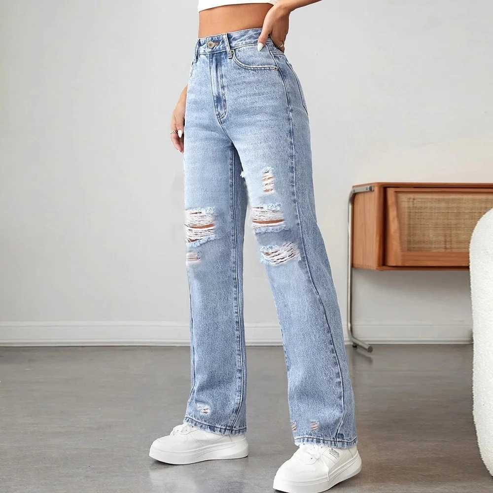 Women Straight Denim Jeans Ladies High Waist Ripped Hole Streetwear Baggy Pants J251031