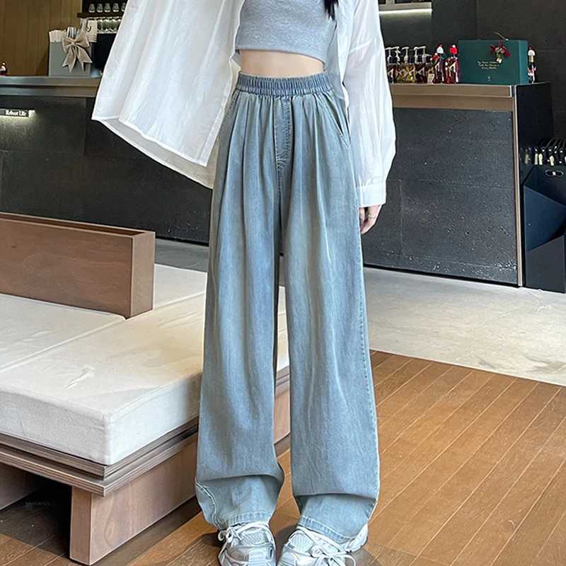Women Elastic Waist Wide Leg Denim Pants Autumn Winter Harajuku Streetwear Straight Jeans Female Simple Loose Versatile Trousers J251031