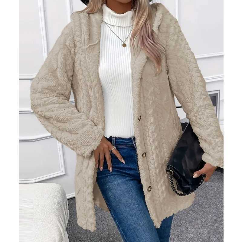 Autumnwinter Cardigan Plush Jacket Single Breasted Hooded Sweater Jacket Elegant Solid Medium Long Sweater Jacket for WomenT251101