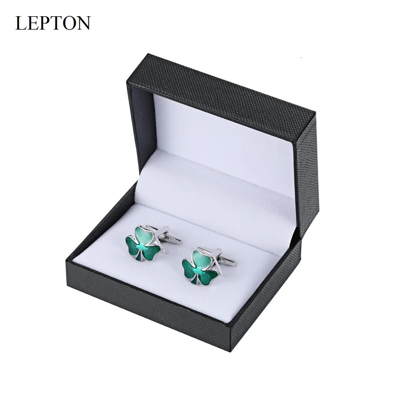 LEPTON Green Clover Cufflinks For Wedding Mens Fashion Irish Ireland Shamrock Cuff Links Dress Shirt Cufflink Business Gifts 250327
