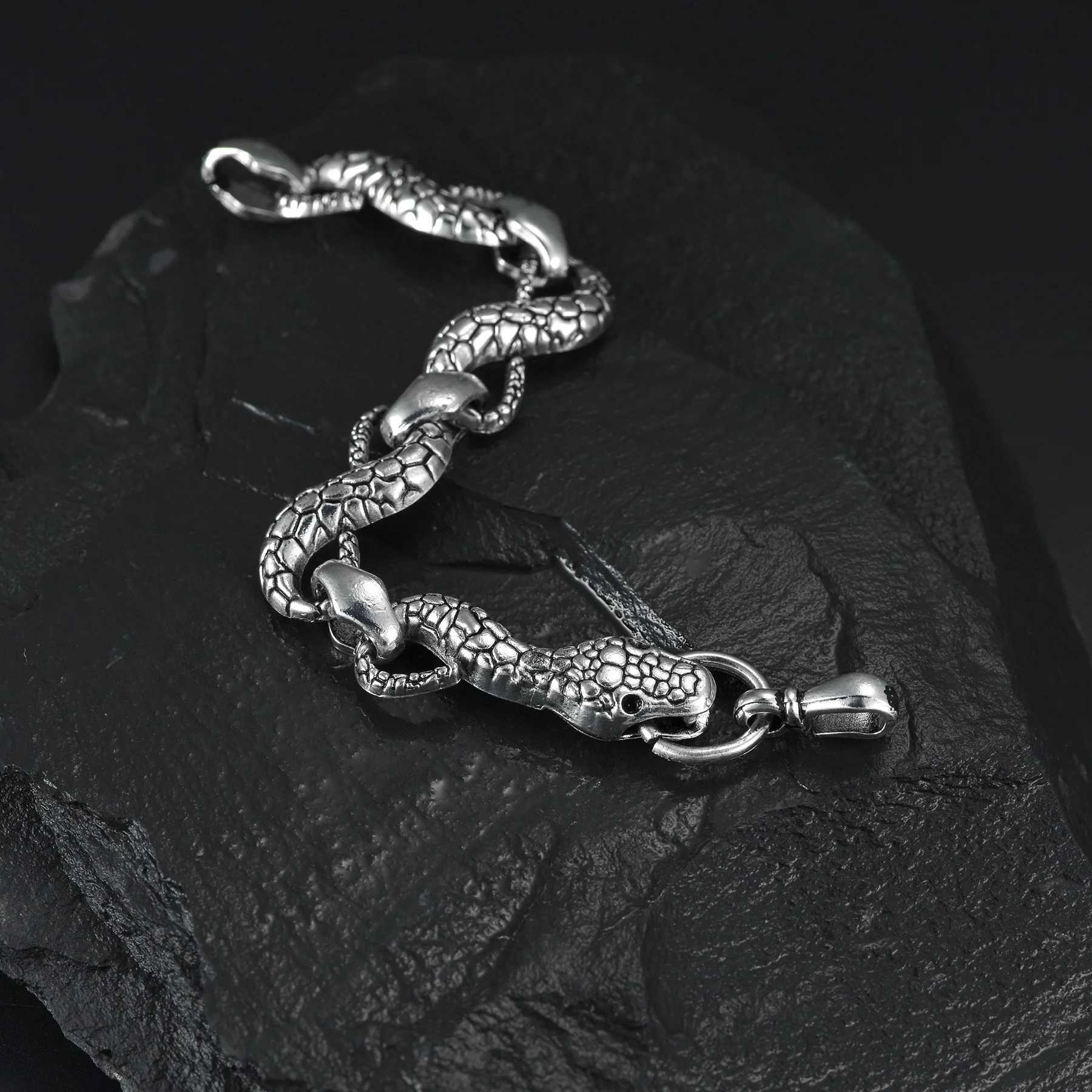 Punk Gothic Stainless Steel Cuban Chain Snake Bracelet Mens Fashion Animal Link Bracelet Gift Wholesale Y250329