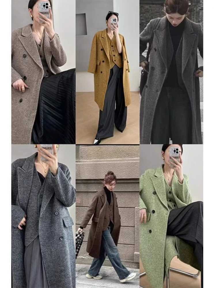 Double Sided Woolen Coat Korean 2Piece Set New High Quality Long Blazer JacketVest Fashion Loose Office Suit Wool Coats WomenT251101